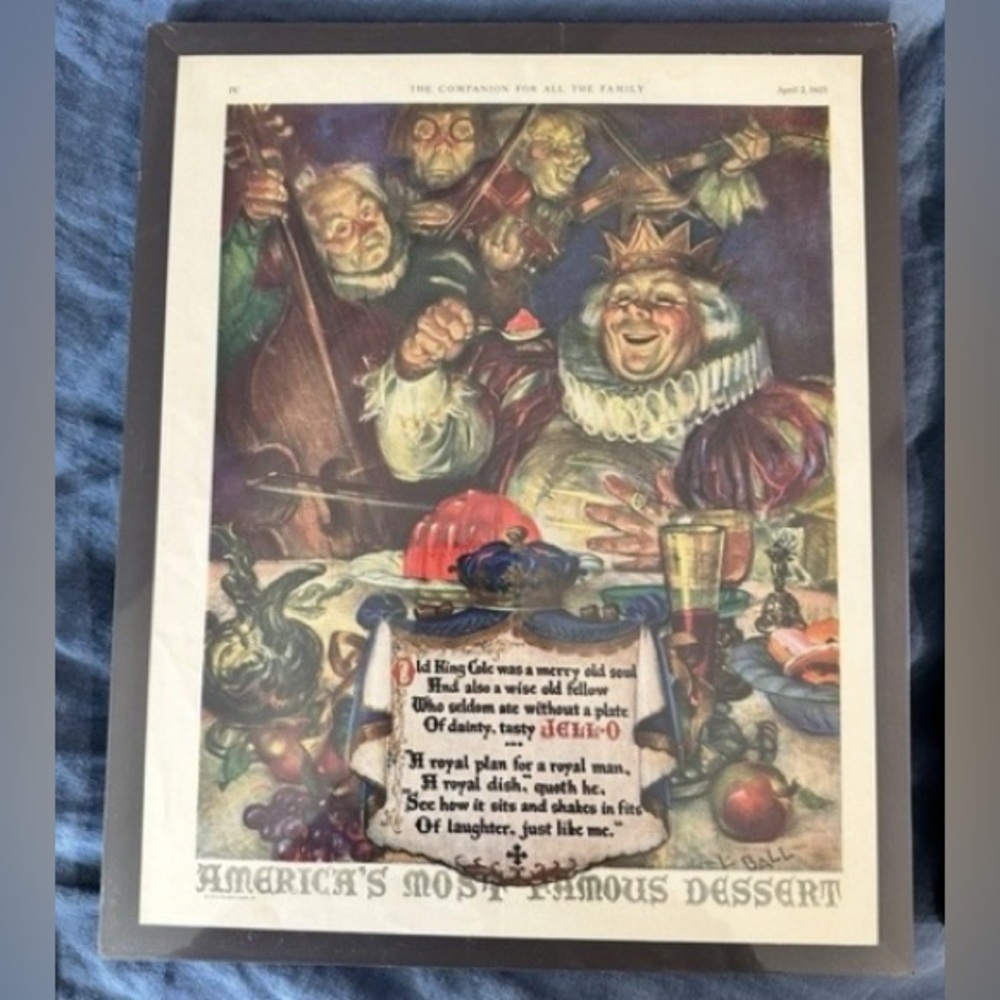 1925 Old King Cole eating JELL-O art "America's Famous Dessert " promo print ad